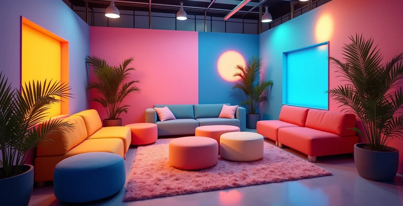 Coin photo instagrammable avec mobilier design modulable coloré et éclairage festif
