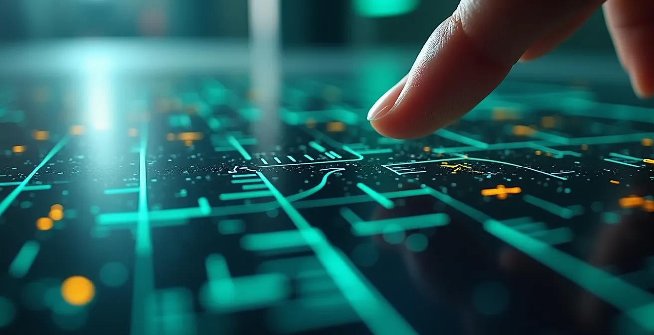 Illustration visualisant les données analytiques et le ROI de la gestion de parking avec interfaces de contrôle et graphiques