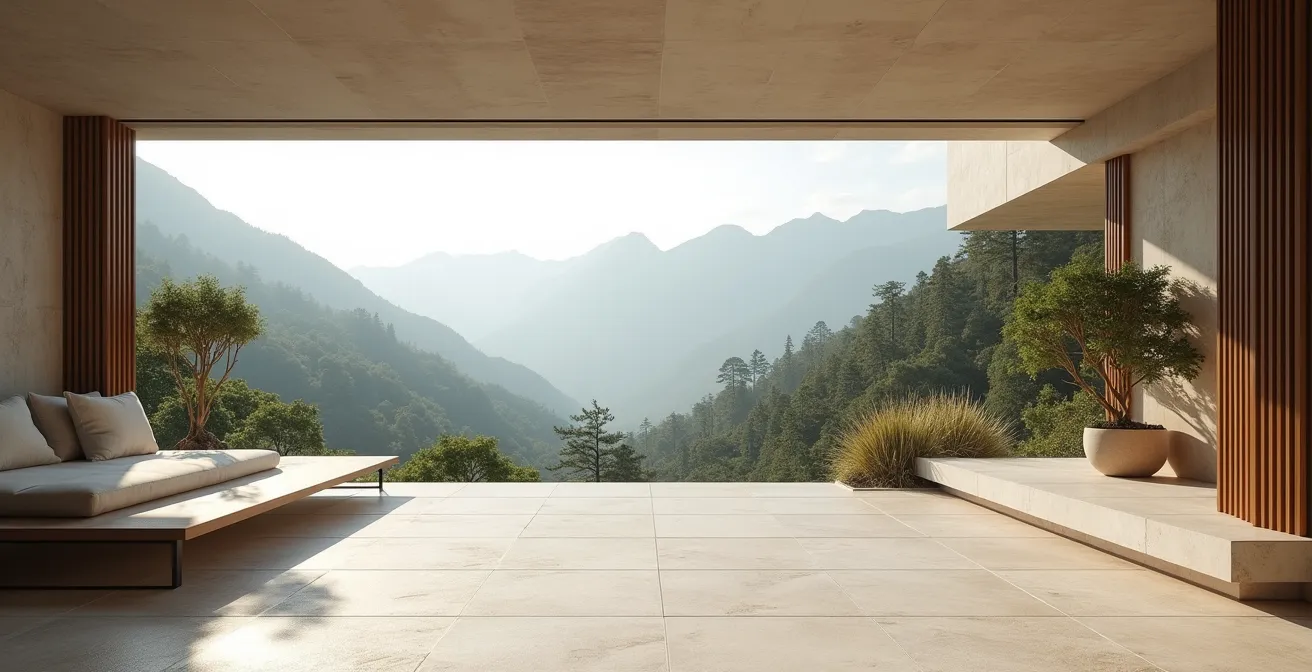 Architecture épurée d'un resort avec espaces ouverts favorisant les interactions informelles entre collaborateurs