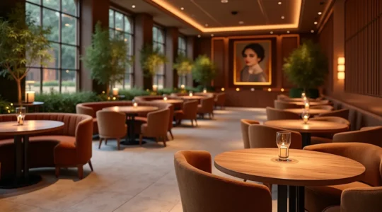 Vue d'ensemble d'une réception élégante avec un mobilier événementiel varié créant une ambiance conviviale et moderne