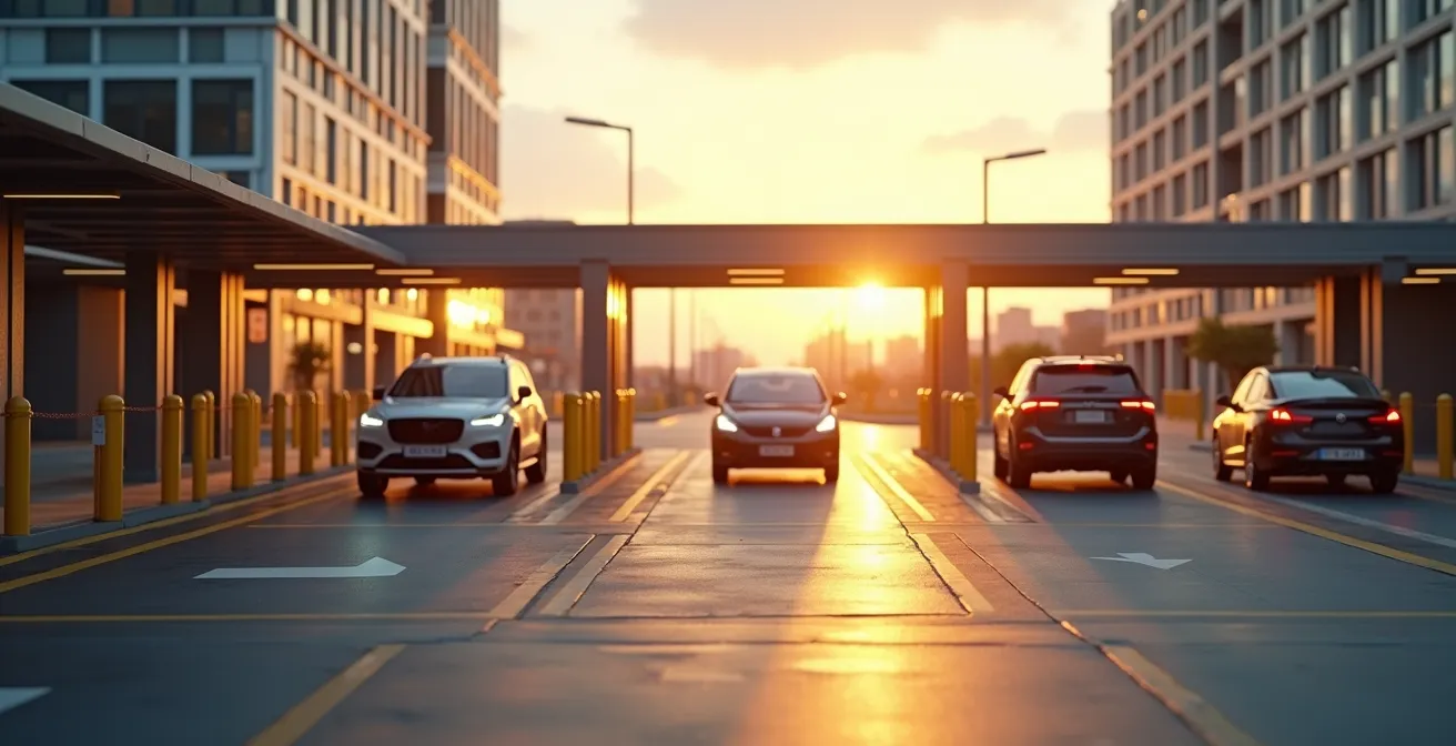 Illustration principale représentant l'entrée d'un parking événementiel avec fluidité des flux et signalisation accueillante