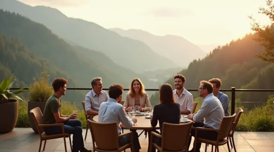 Un groupe de collaborateurs en discussion autour d'une table au bord d'une piscine dans un resort de montagne, avec un paysage naturel verdoyant en arrière-plan