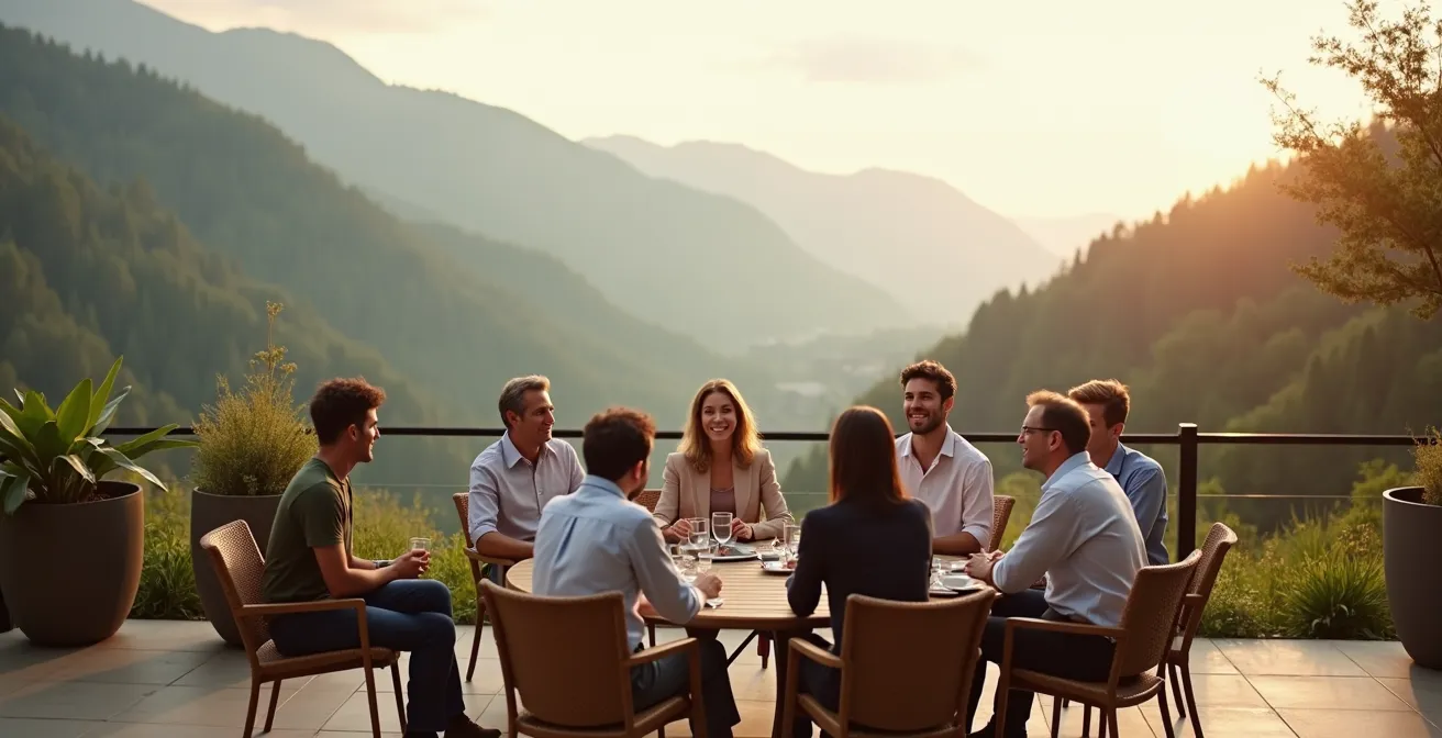 Un groupe de collaborateurs en discussion autour d'une table au bord d'une piscine dans un resort de montagne, avec un paysage naturel verdoyant en arrière-plan