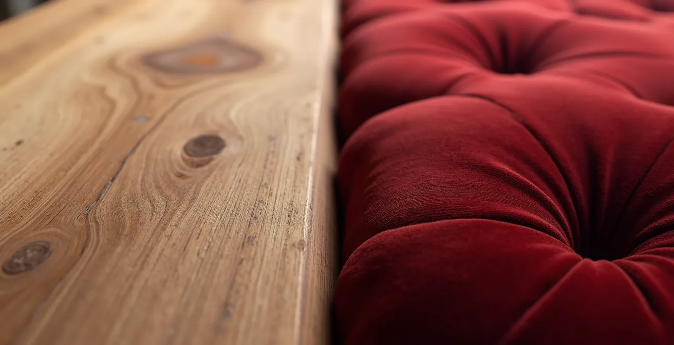 Détail rapproché d’un meuble en bois brut à côté d’un fauteuil en velours riche