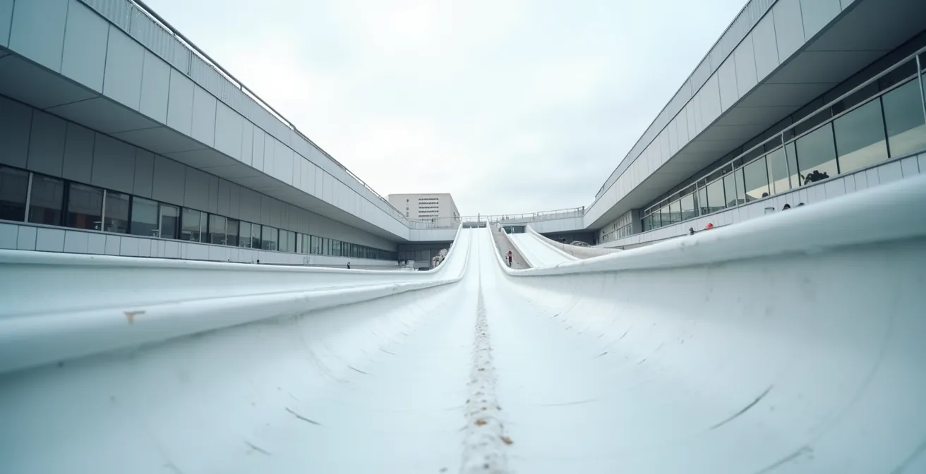 Vue large minimaliste d'une piste de luge synthétique installée dans un espace urbain épuré