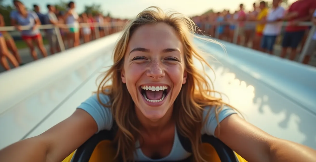Gros plan sur le visage souriant d'un participant en pleine descente de luge lors d'un événement d'entreprise