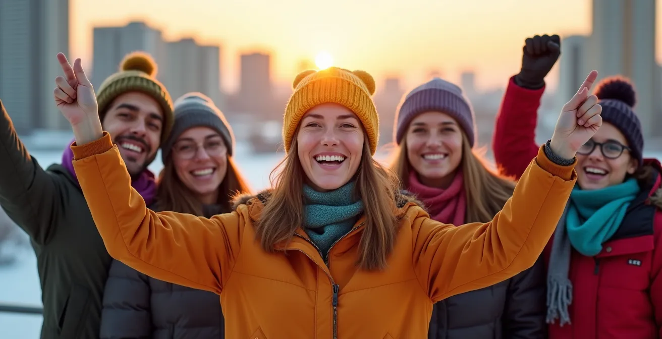 Équipe d'entreprise célébrant au sommet d'une piste de luge