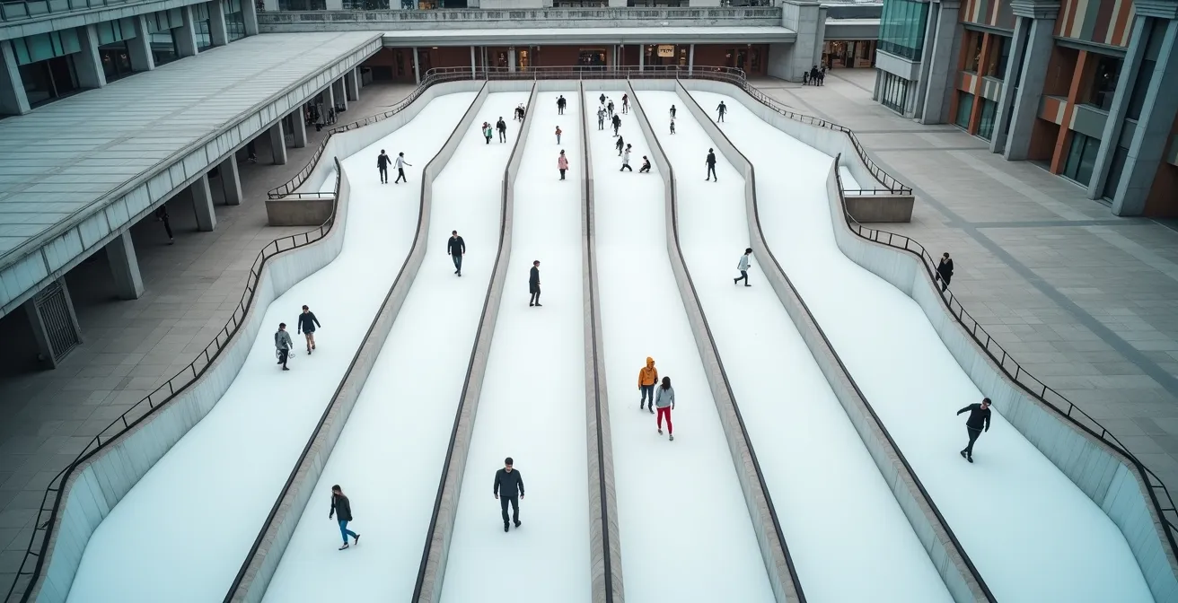 Vue aérienne d'une piste de luge synthétique installée en milieu urbain