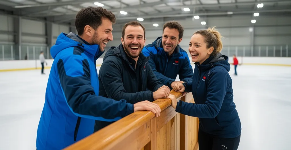 Collègues en team building sur patinoire synthétique intérieure animation entreprise