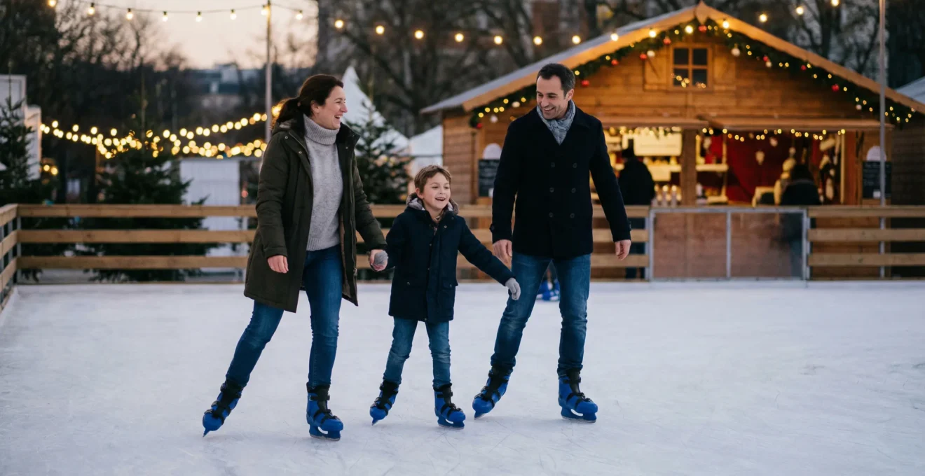 Famille française patinant sur piste synthétique lors animation événementielle festive