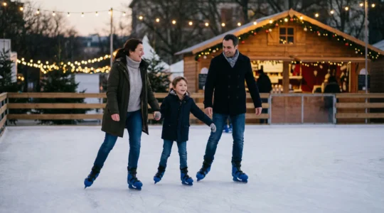 Famille française patinant sur piste synthétique lors animation événementielle festive