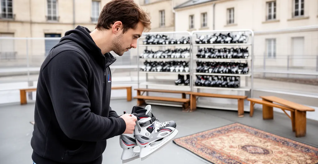 Technicien inspectant zone de chausse patinoire avec patins alignés par taille