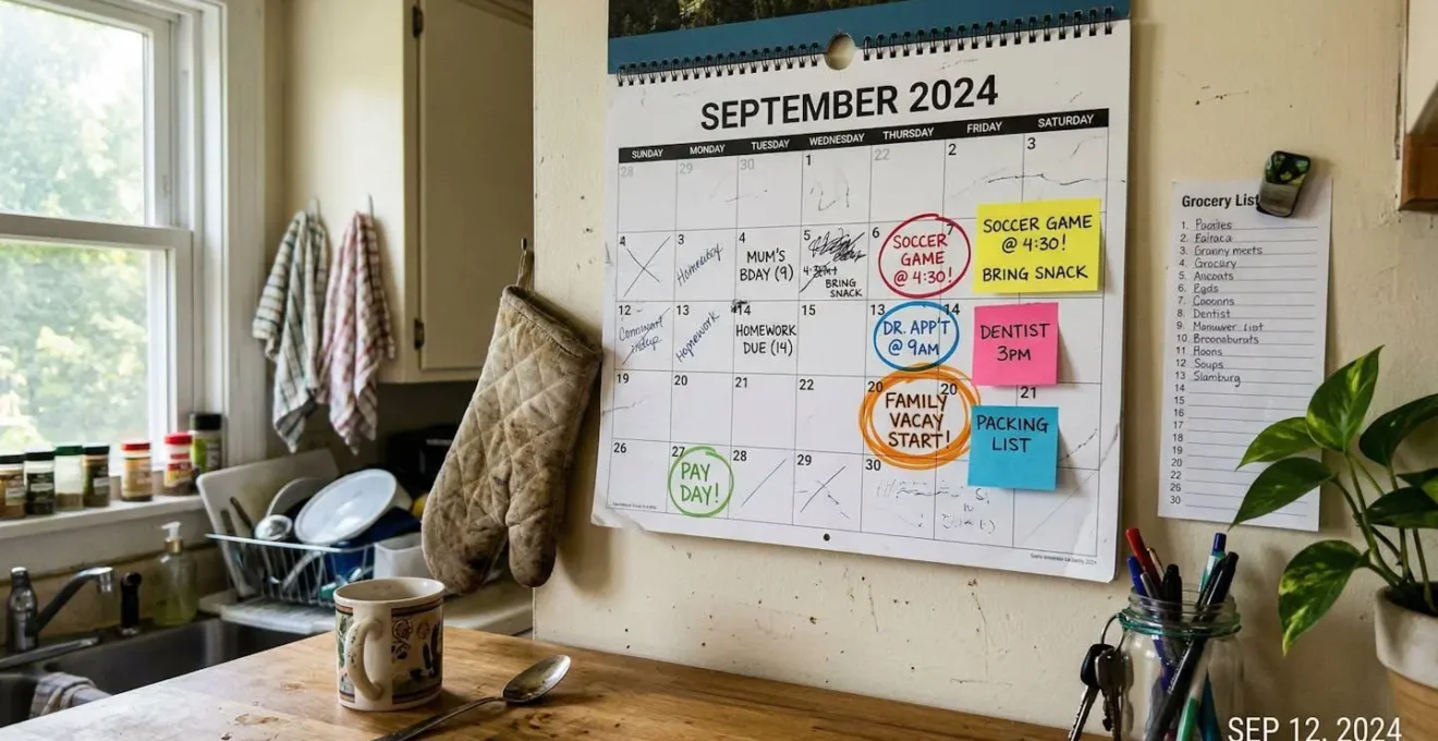 Un calendrier mural dans une cuisine avec plusieurs dates entourées au feutre, des post-it colorés autour