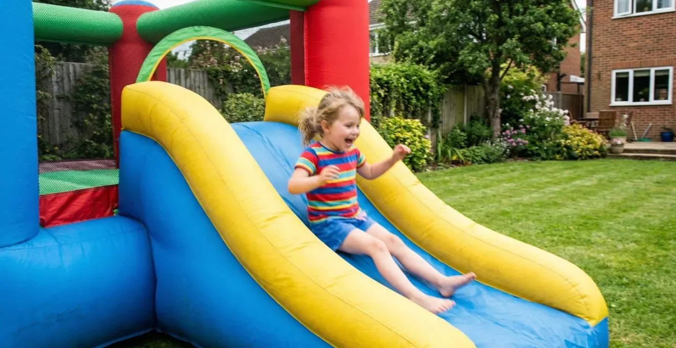 Un enfant glissant sur le toboggan d'un château gonflable coloré vu de profil avec un léger flou de mouvement