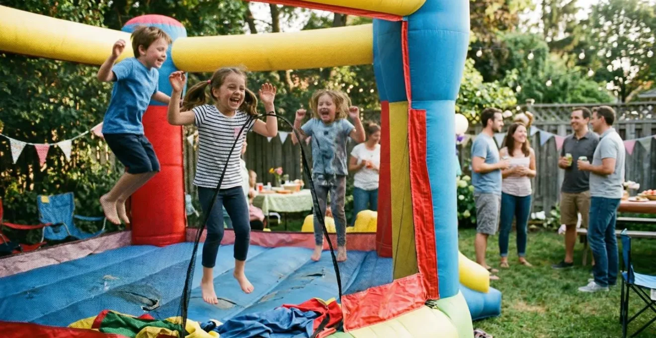 Des enfants sautent dans un château gonflable coloré installé dans un jardin pendant un anniversaire, avec des adultes discutant en arrière-plan