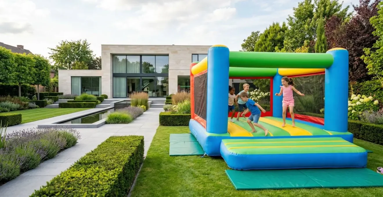 Des enfants vus de profil jouent sur un château gonflable coloré installé dans un jardin français contemporain sous un ciel lumineux
