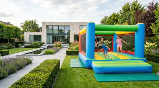Des enfants vus de profil jouent sur un château gonflable coloré installé dans un jardin français contemporain sous un ciel lumineux