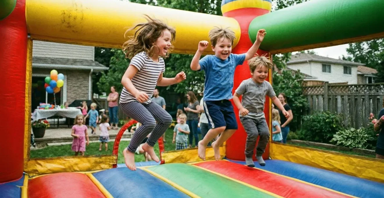 Plusieurs enfants sautant joyeusement dans un château gonflable coloré installé dans un jardin résidentiel lors d'une fête d'anniversaire