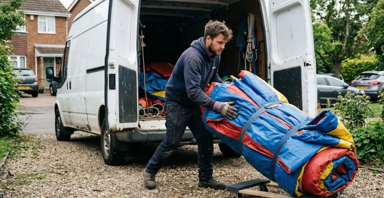Un employé décharge une structure gonflable pliée depuis une camionnette ouverte dans une allée