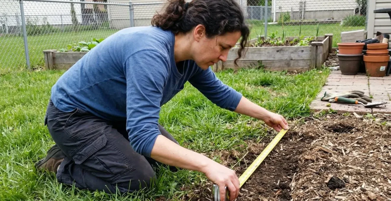 Un parent accroupi dans son jardin mesure l'espace disponible avec un mètre ruban déployé au sol