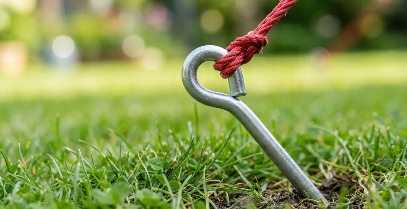 Gros plan sur un piquet d'ancrage métallique enfoncé dans un sol herbeux avec une corde tendue, lumière naturelle rasante créant une ombre nette