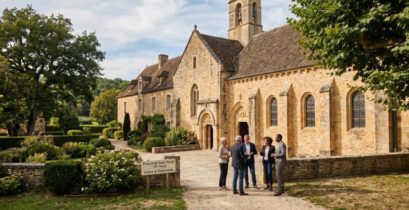 Façade en pierre d'un prieuré restauré du XIIe siècle dans un parc arboré, avec un petit groupe de professionnels en tenue contemporaine rassemblés sur la terrasse en discussion naturelle