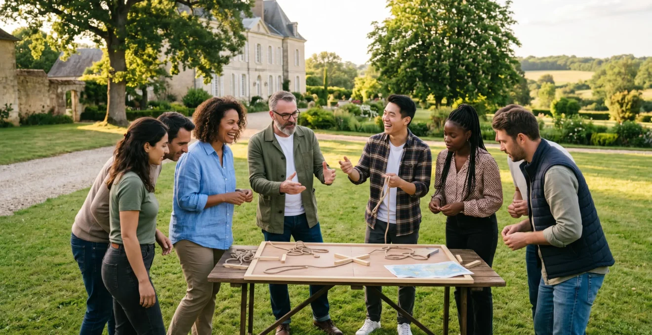 Groupe de professionnels d'âges, morphologies et genres variés participant à une activité collaborative de team building en extérieur dans un parc arboré, en interaction naturelle sous une lumière chaleureuse