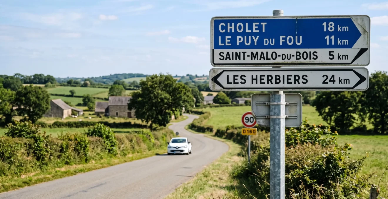 Panneau de signalisation routière française indiquant les directions et distances vers Cholet et le Puy du Fou dans la campagne des Pays de la Loire