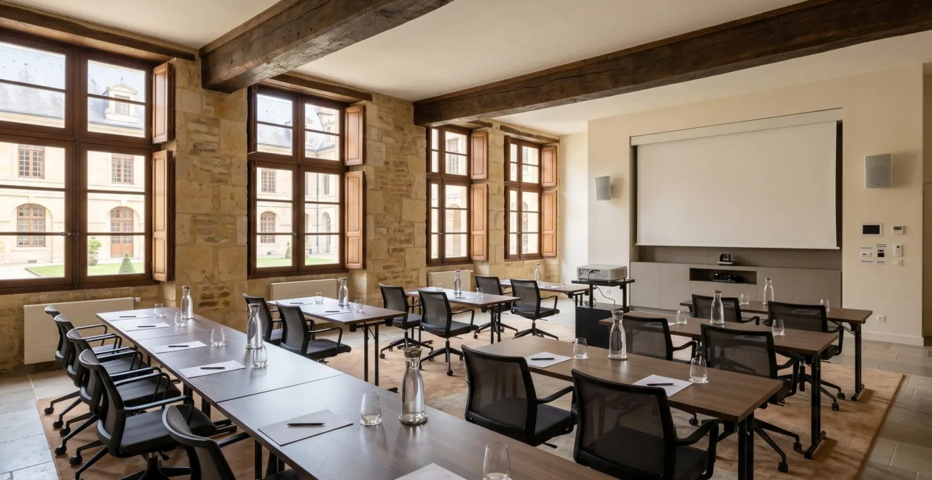 Salle de réunion modulable aménagée dans un bâtiment historique restauré, équipée de mobilier professionnel contemporain et d'équipements audiovisuels, avec murs en pierre et lumière naturelle