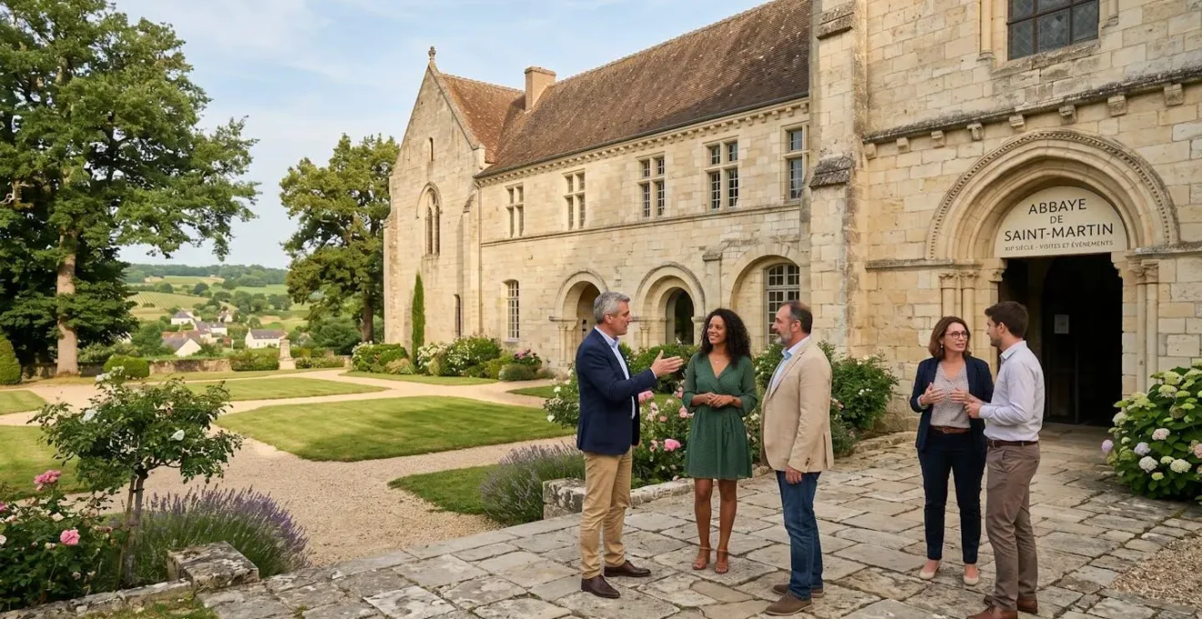 Façade en pierre d'un prieuré restauré du XIIe siècle dans un parc arboré, avec un petit groupe de professionnels en tenue contemporaine rassemblés sur la terrasse en discussion naturelle