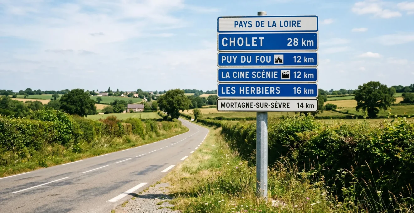 Panneau de signalisation routière française indiquant les directions et distances vers Cholet et le Puy du Fou dans la campagne des Pays de la Loire
