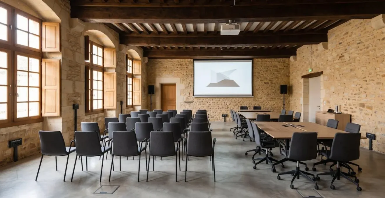Salle de réunion modulable aménagée dans un bâtiment historique restauré, équipée de mobilier professionnel contemporain et d'équipements audiovisuels, avec murs en pierre et lumière naturelle