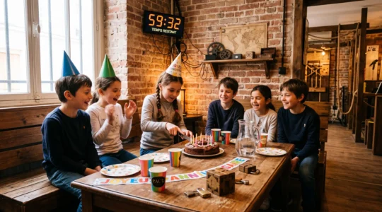 Enfants autour d'une table de goûter avec gâteau dans un lounge privatisé d'un escape game à Paris, chronomètre de jeu visible au mur.